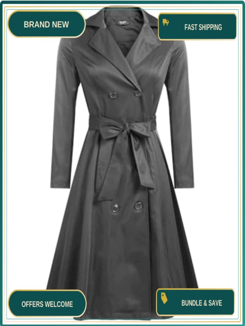 Women's Trench Coat Double Breasted Long Belted Polyester Cotton Lined